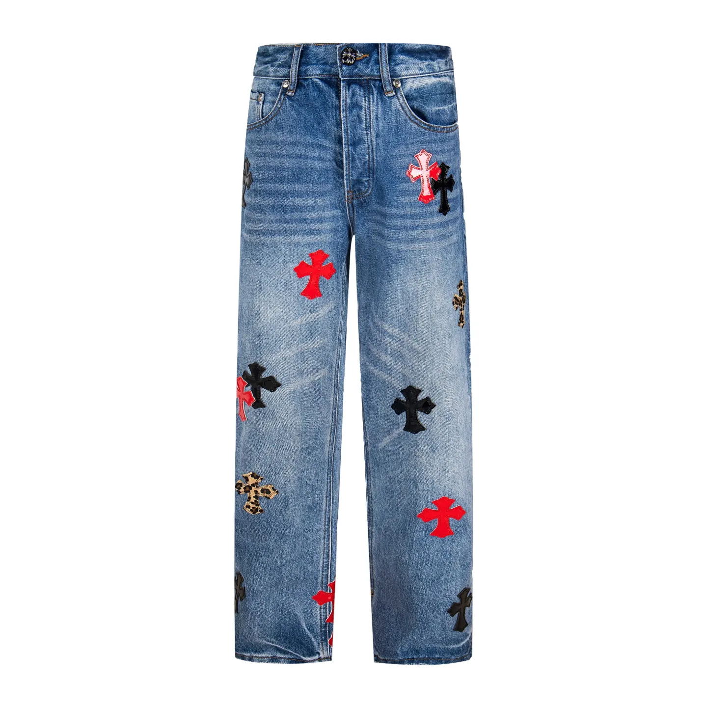 P290 high version Chrome Hearts blue denim with red black panther pattern multi-leather jeans. CH jeans need to be washed and then disassembled and hand-stitched with sheepskin cross leather and then spliced ​​together. The whole piece has too many craftsmanship to explain, patchwork cross pattern embellishment, high-waisted washed jeans! ! Absolutely high-end luxury products, god-level single products and super popular products, made with top heavy industry, a must-see magic weapon. Customized hardware. The fabric is thick and soft after washing. It has good breathability. Customized small leather label. Unique design. The details are simple and elegant, and the workmanship is exquisite. The entire trousers are neatly routed and the details are in place! It’s so cool that both men and women can easily control the genderless trend! Style number: 1799# Color: blue Size: 28 30 32 34 36